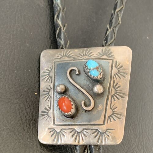 Navajo Turquoise Coral Bolo Tie | Sterling Silver | Authentic Native American Handmade | 02003 Bolo