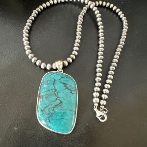 Men's Navajo Blue Spiderweb Turquoise Pendant Necklace | Sterling Silver | Authentic Native American Handmade | 16209