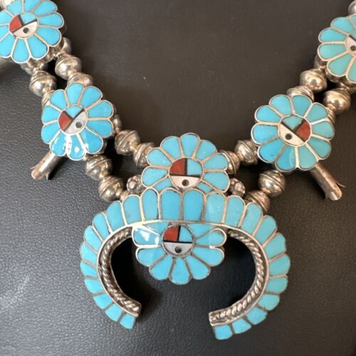Zuni Turquoise Squash Blossom Necklace with Naja Earrings | Sterling Silver | Native American Handmade | 16167 - Masha USA