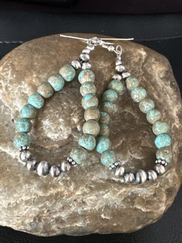 Navajo Green Turquoise Bead Earrings | Sterling Silver Pearls | 2" | Authentic Native American Handmade | 15141