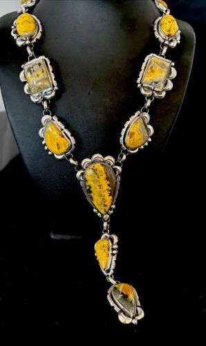 Navajo Yellow Bumblebee Jasper Lariat Necklace | Authentic Native American Sterling Silver | 17202