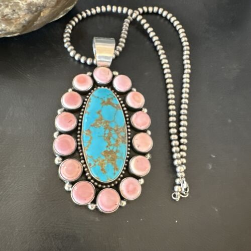 XXL Pink Conch Naja Pendant | Blue Turquoise | Navajo Sterling Silver Necklace 21" | Multi-Stone | 17426