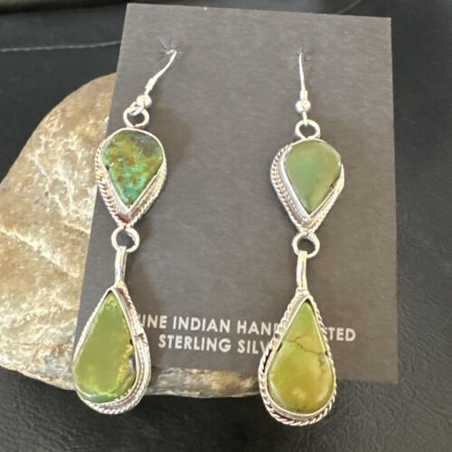 Navajo Green Royston Turquoise Dangle Earrings | Sterling Silver | Authentic Native American Handmade | 16490 - Masha USA