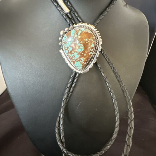 Men's Blue Turquoise #8 Bolo Tie | Navajo Sterling Silver | Authentic Native American Handmade | 16811