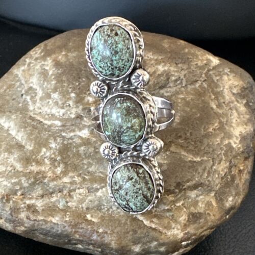 Navajo Blue Spiderweb Turquoise Multi-Stone Ring | Authentic Native American Sterling Silver | Sz 9.5 | 16708