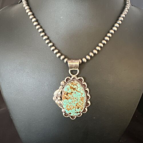 Navajo Blue #8 Turquoise Pendant Necklace | Sterling Silver Pearls | Authentic Native American Handmade | 15508
