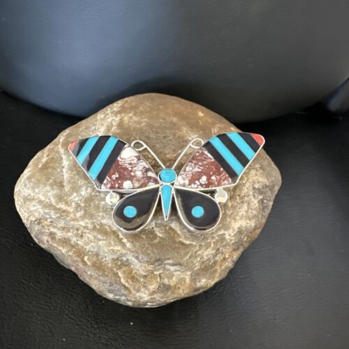 Zuni Butterfly Wild Horse Turquoise Onyx Inlay Pin Pendant | Sterling Silver | Authentic Native American Handmade | 15152