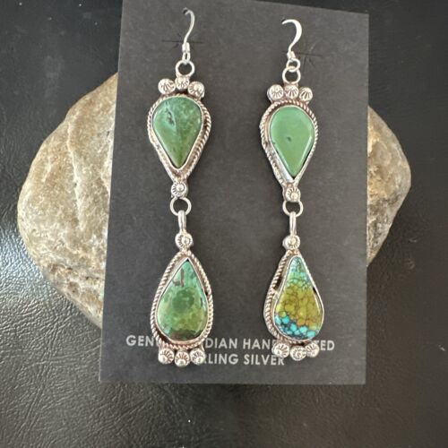 Navajo Green Royston Turquoise Dangle Earrings | Sterling Silver | Authentic Native American Handmade | 17141