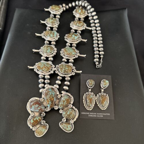 Navajo Blue Turquoise #8 Squash Blossom Necklace with Naja Earrings | Sterling Silver | 17204