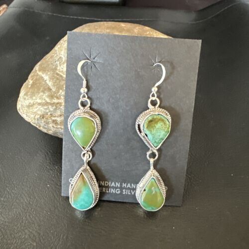 Navajo Green Royston Turquoise Dangle Earrings | Sterling Silver | Authentic Native American Handmade | 16491