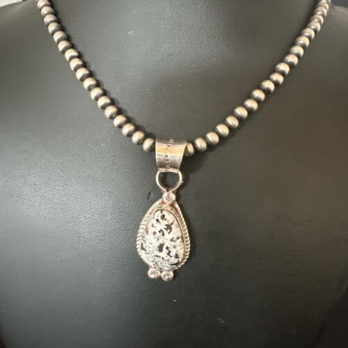 Men's White Buffalo Turquoise Pendant | Navajo Pearls Sterling Silver Necklace 21" | 17333