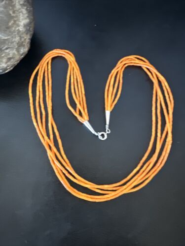 Navajo Orange Coral Tube Heishi Bead Necklace | 5 Strand | Sterling Silver | 20" | 16066