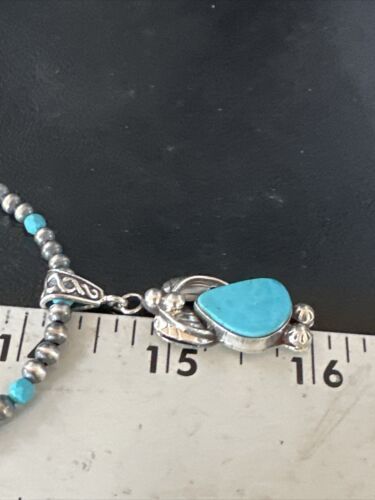 Navajo Pearls Kingman Turquoise Pendant Necklace | Sterling Silver | Authentic Native American Handmade | 14890
