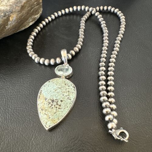 Navajo Women's Dry Creek Turquoise Topaz Pendant Necklace | Sterling Silver | Authentic Native American Handmade | 16306
