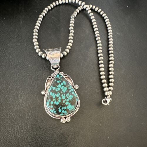 Men's Spiderweb Turquoise Pendant | Navajo Pearls Sterling Silver Necklace | Authentic Native American Handmade | 17067