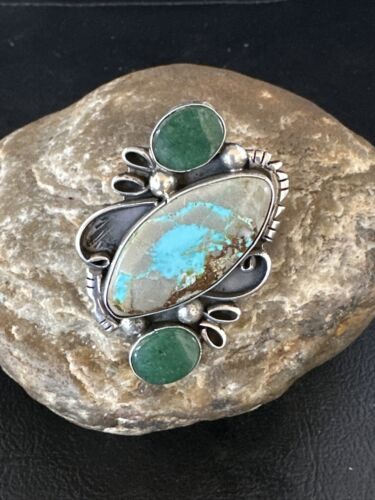 Navajo Green Turquoise Cluster Ring | Authentic Native American Sterling Silver | Multi-Stone | Sz 9 | 14843