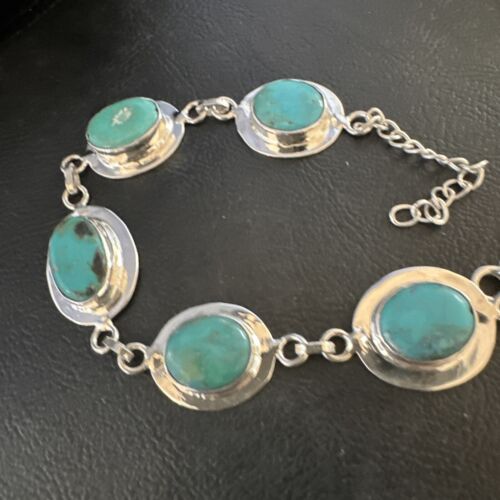 Navajo Blue Turquoise Link Bracelet | Sterling Silver | 8" | Authentic Native American Handmade | 15477