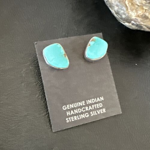 Navajo Blue Kingman Turquoise Post Stud Earrings | Sterling Silver | Authentic Native American Handmade | 17468