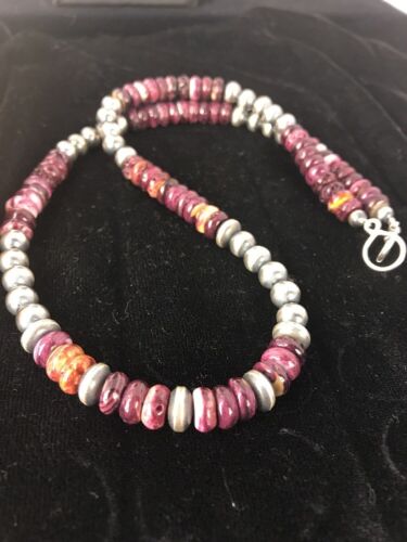 Navajo Pearls Necklace | Sterling Silver Purple Spiny Oyster Beads 8mm | Authentic Native American Handmade | 15956