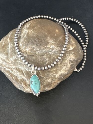 Navajo Pearls Kingman Turquoise Pendant Necklace | Sterling Silver | Authentic Native American Handmade | 14896