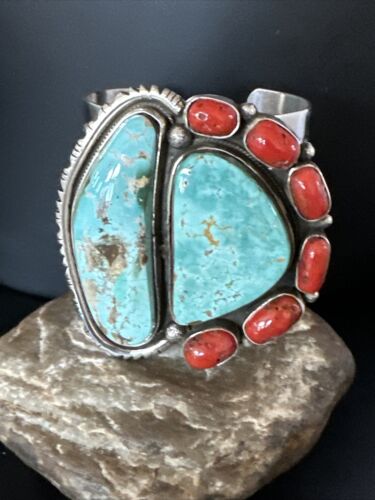 Navajo Green Royston Turquoise Coral Cuff Bracelet | Sterling Silver | Authentic Native American Handmade | 15309