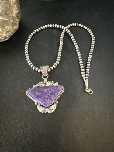 Navajo Pearls Necklace with Purple Charoite Pendant | Sterling Silver | Authentic Native American Handmade | 14883