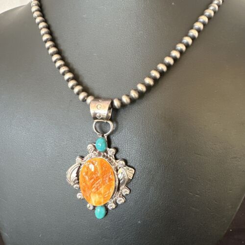 Navajo Orange Spiny Oyster Blue Turquoise Pendant Necklace | Sterling Silver | 20" | 16459