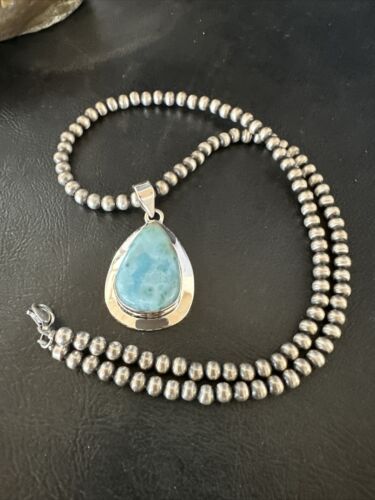 Navajo Blue Larimar Pendant Necklace | Sterling Silver Beads | Authentic Native American Handmade | 17602