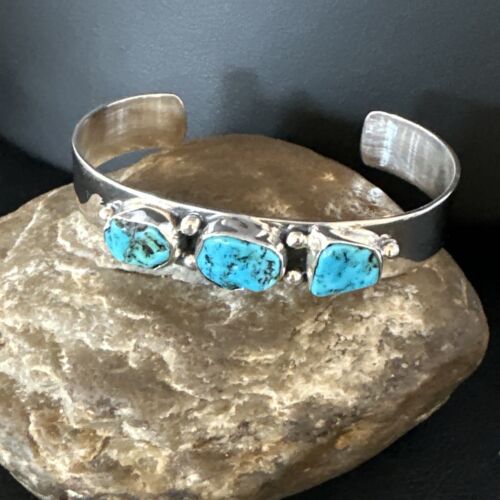 Navajo Blue Kingman Turquoise 3 Stone Cuff Bracelet | Sterling Silver | Authentic Native American Handmade | 15044