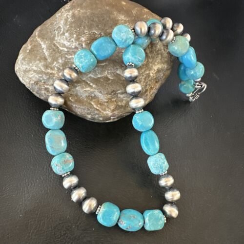 Navajo Blue Turquoise Nugget Necklace | Sterling Silver Pearls | Authentic Native American Handmade | 16" | 16655