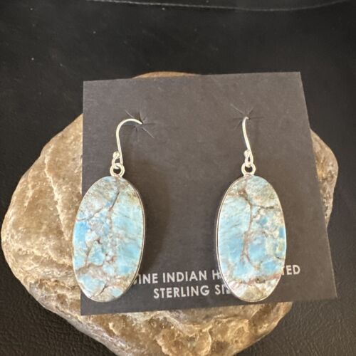 Navajo Blue Turquoise Dangle Earrings | Sterling Silver | Authentic Native American Handmade | 15430