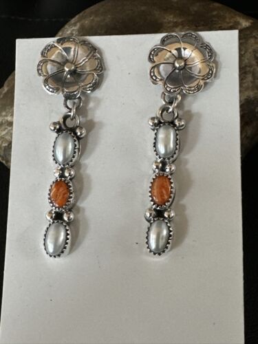Navajo Orange Spiny Oyster Dangle Earrings | Sterling Silver Pearls | Authentic Native American Handmade | 15328