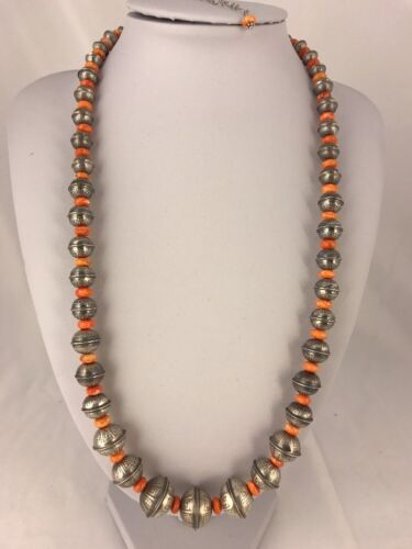 Navajo Pearls Spiny Oyster Bench Bead Necklace | Sterling Silver | 22" Single Strand| Authentic Native American Handmade | 9954