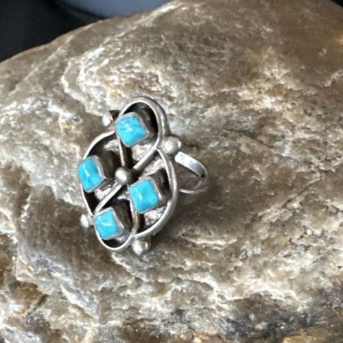 Navajo Blue Kingman Turquoise Cluster Ring | Authentic Native American Sterling Silver | Multi-Stone | Sz 5 | 15357