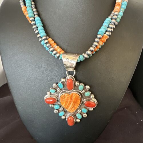 Navajo Turquoise Coral Spiny Heart Pendant | Sterling Silver 3-Strand Necklace | Authentic Native American Handmade | 16303