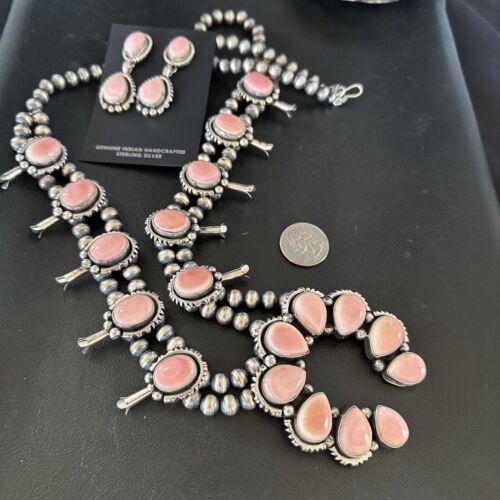 Navajo Pink Conch Squash Blossom Necklace with Naja Pendant | Authentic Native American Handmade | 17441