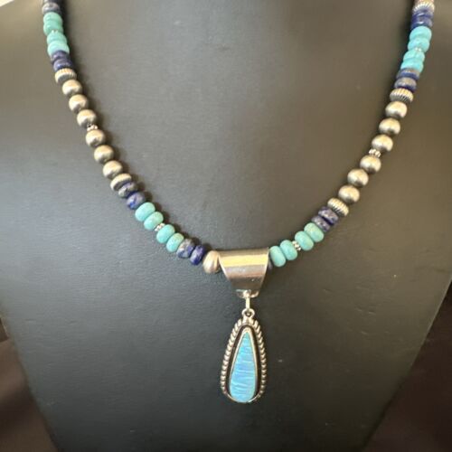 Navajo Opal Inlay Pendant with Turquoise & Lapis | Sterling Silver Necklace | Authentic Native American Handmade | 16849