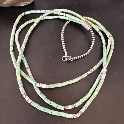 Navajo Pearls Green Turquoise Necklace | Sterling Silver | Authentic Native American Handmade | 3S 17395