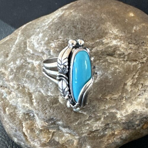 Navajo Leaf Blue Kingman Turquoise Ring | Sterling Silver | Sz 10.5 | Authentic Native American Handmade | 17136