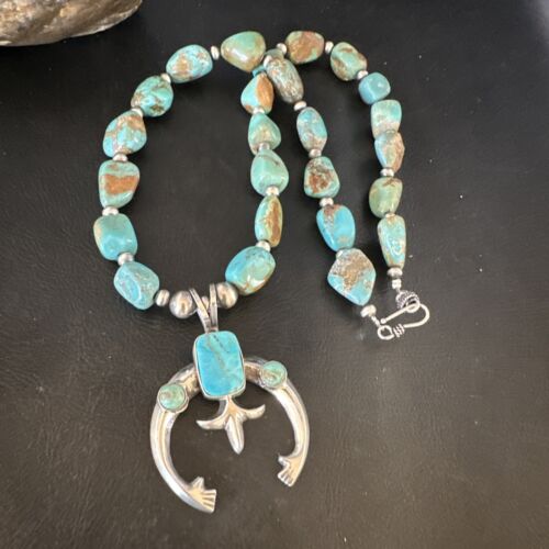 Navajo Blue Turquoise Naja Pendant Necklace | Sterling Silver | Authentic Native American Handmade | 15205
