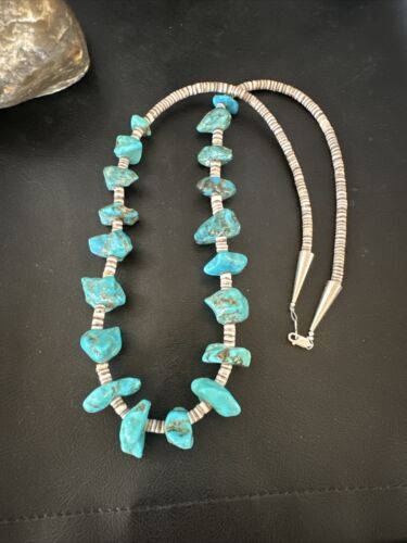 Navajo Kingman Turquoise Shell Heishi Bead Necklace | Sterling Silver | 28" | Authentic Native American Handmade | 17448