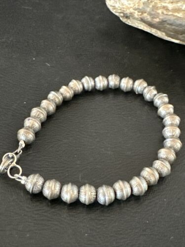 Handmade Stamped Navajo Pearls Bracelet | 6mm Beads | 8" Sterling Silver | Authentic Native American | 17447