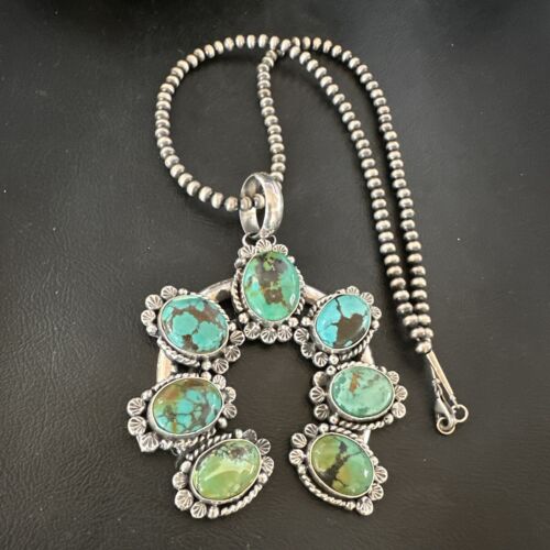 Men's Blue Spiderweb Turquoise Naja Pendant Necklace | Navajo Sterling Silver | 16950