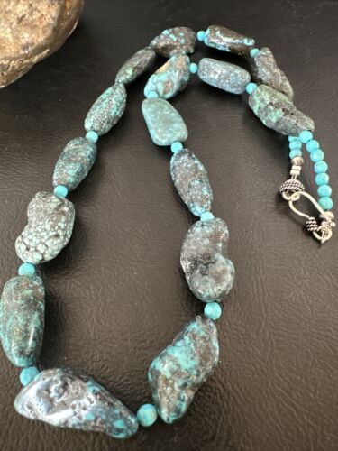 Navajo Blue Nugget Turquoise Bead Necklace | Sterling Silver Pearls | 20" | Authentic Native American Handmade | 16003