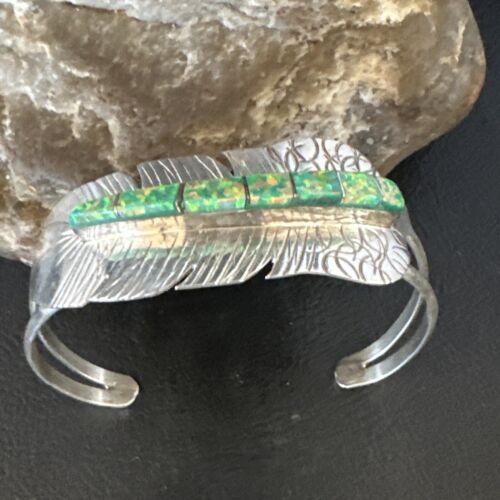 Navajo Green Fire Opal Inlay Bracelet | Sterling Silver | 7" | Authentic Native American Handmade | 15071