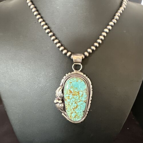 Navajo Blue Turquoise #8 Pendant Necklace | Sterling Silver Pearls | Authentic Native American Handmade | 15905