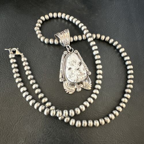 Navajo White Buffalo Turquoise Pendant Necklace | Sterling Silver | Authentic Native American Handmade | 17520