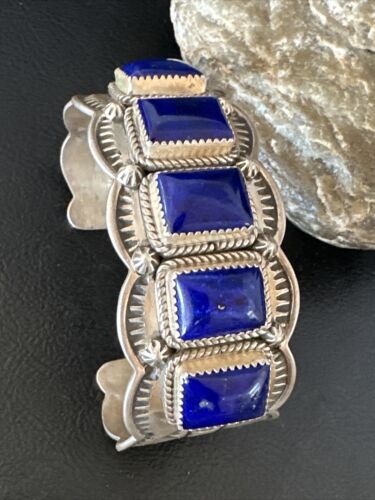 Navajo Blue Lapis 5 Stone Cuff Bracelet | Sterling Silver | XL Men's | Authentic Native American Handmade | 15861