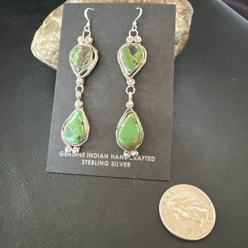 Navajo Green Royston Turquoise Dangle Earrings | Sterling Silver | Authentic Native American Handmade | 17139