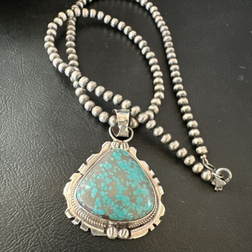 Navajo Men's Blue Turquoise #8 Pendant Necklace | Sterling Silver | Authentic Native American Handmade | 17123